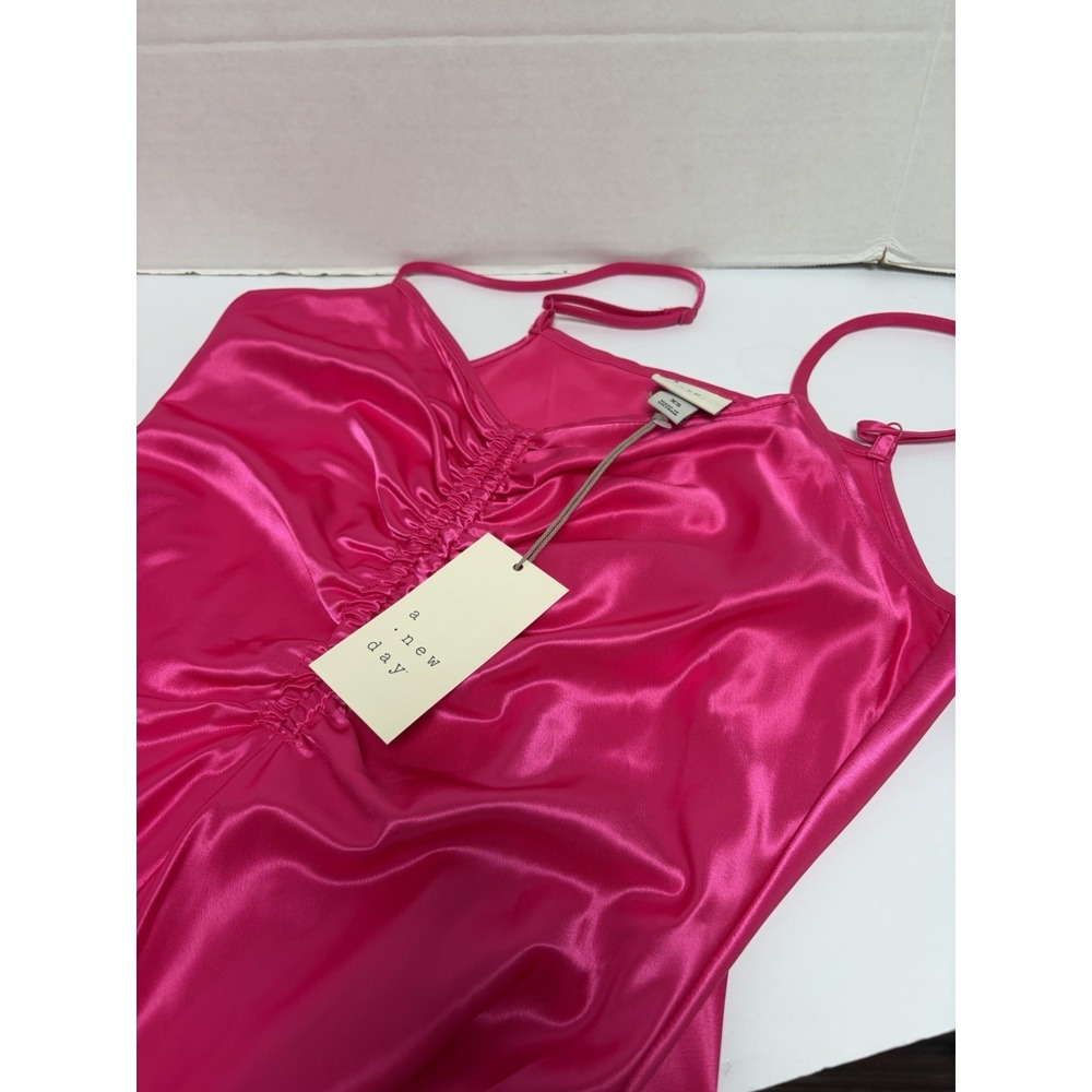 A New Day NWT Ruched Midi Silky Soft‎ Slip Dress Hot Pink Sz XS Adjustable Strap